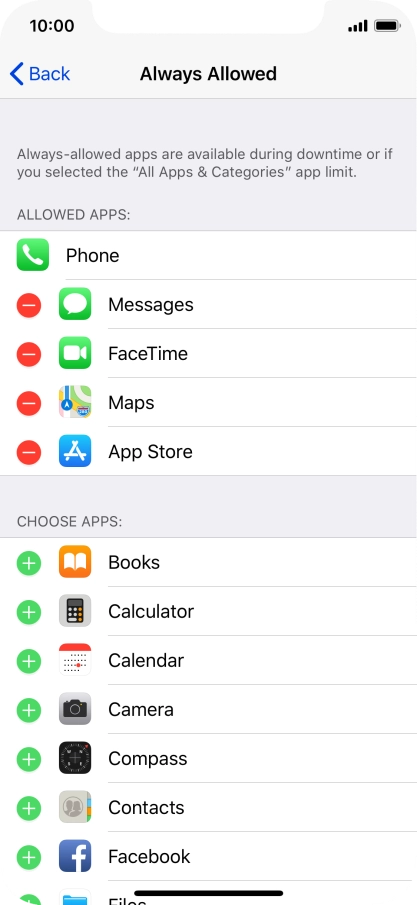 Press the remove icon next to the required app to remove it from the list of allowed apps during Downtime.