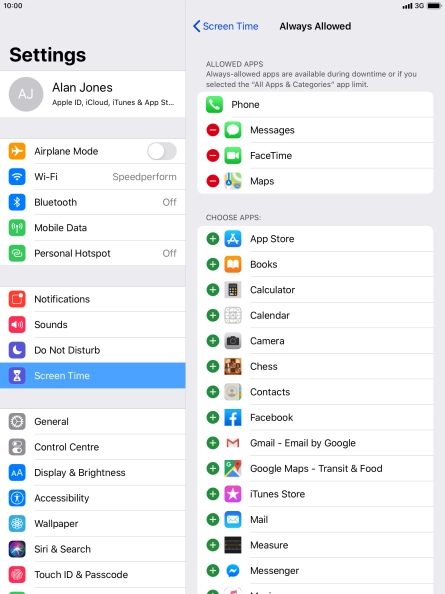 Press the add icon next to the required app to add it to the list of allowed apps during Downtime.