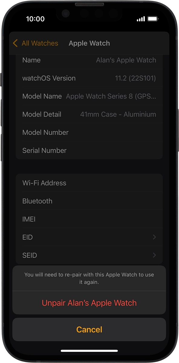 On your phone: Press Unpair Apple Watch and follow the instructions on the screen to unpair your Apple Watch and your phone. When prompted, key in the password for your Apple ID.