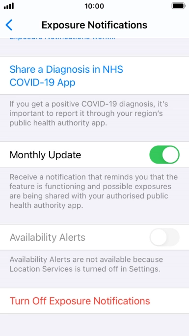Press Turn Off Exposure Notifications.