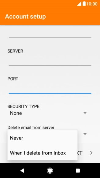 Press Never to keep email messages on the server when you delete them on your phone.