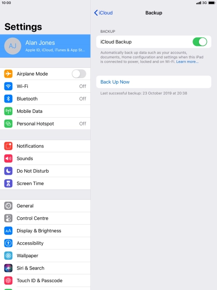 Press Back Up Now and wait while the tablet memory is backed up.