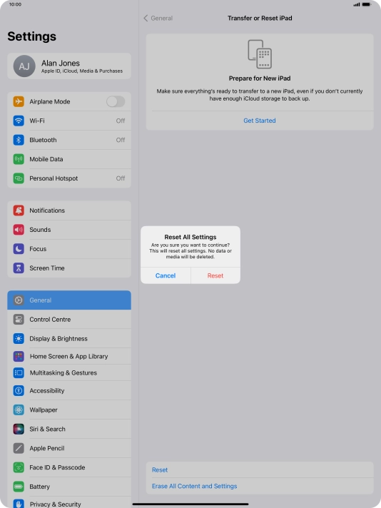 Press Reset. Wait a moment while the factory default settings are restored. Follow the instructions on the screen to set up your tablet and prepare it for use. Press Reset. Wait a moment while the factory default settings are restored. Follow the instructions on the screen to set up your tablet and prepare it for use.