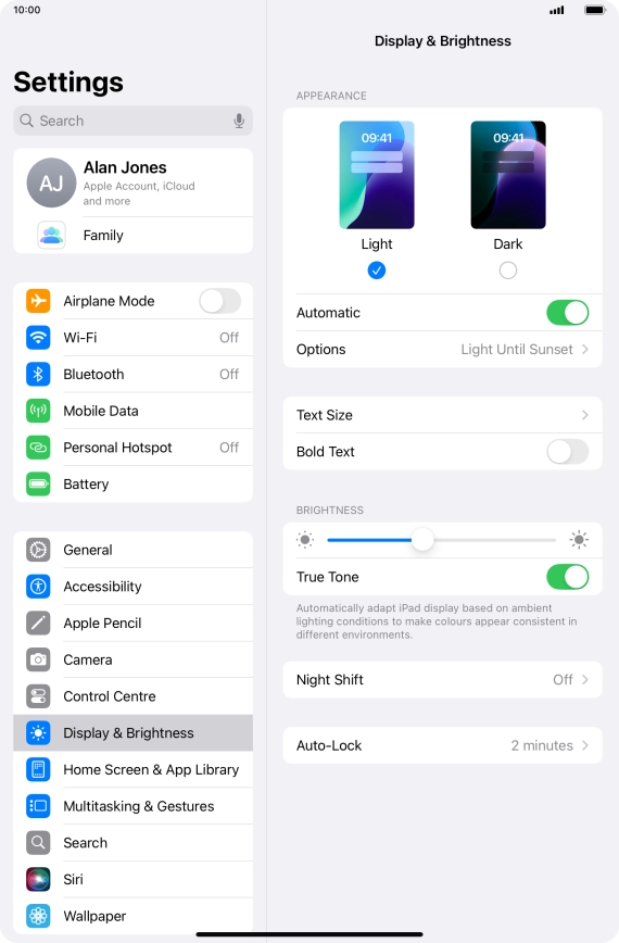 If you turn on the function, press Options and follow the instructions on the screen to select the required period of time for Dark Mode.