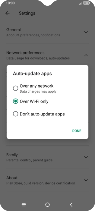 To turn on automatic update of apps using mobile network, press Over any network.