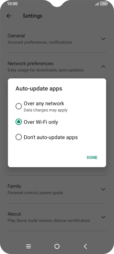 To turn on automatic update of apps using mobile network, press Over any network.