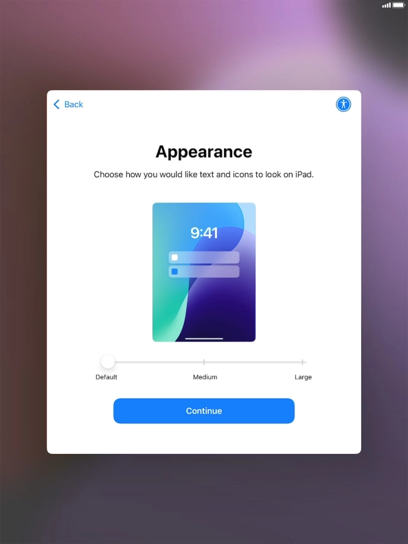 Select the required text and icon size on your tablet and press Continue.