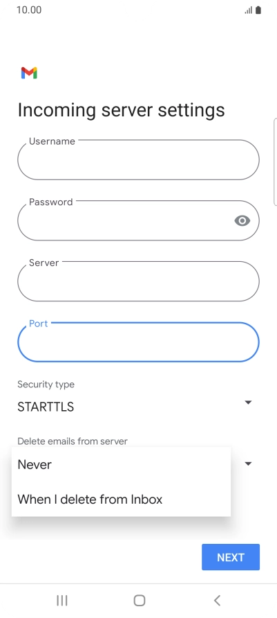 Press Never to keep email messages on the server when you delete them on your phone.