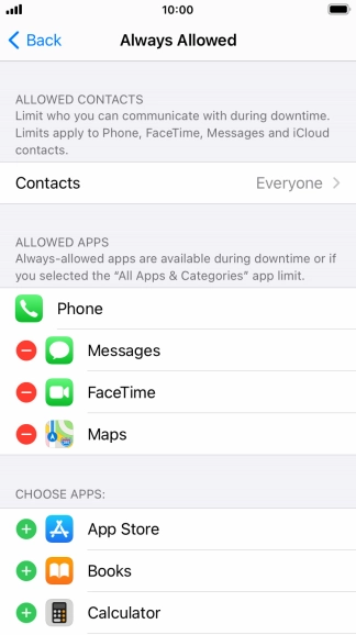 Press the add icon next to the required app to add it to the list of allowed apps during Downtime.