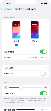 If you turn on the function, press Options and follow the instructions on the screen to select the required period of time for Dark Mode.