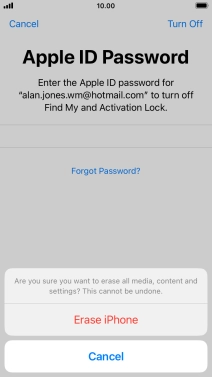 Key in the password for your Apple ID and press Erase iPhone. Wait a moment while the factory default settings are restored. Follow the instructions on the screen to set up your phone and prepare it for use.
