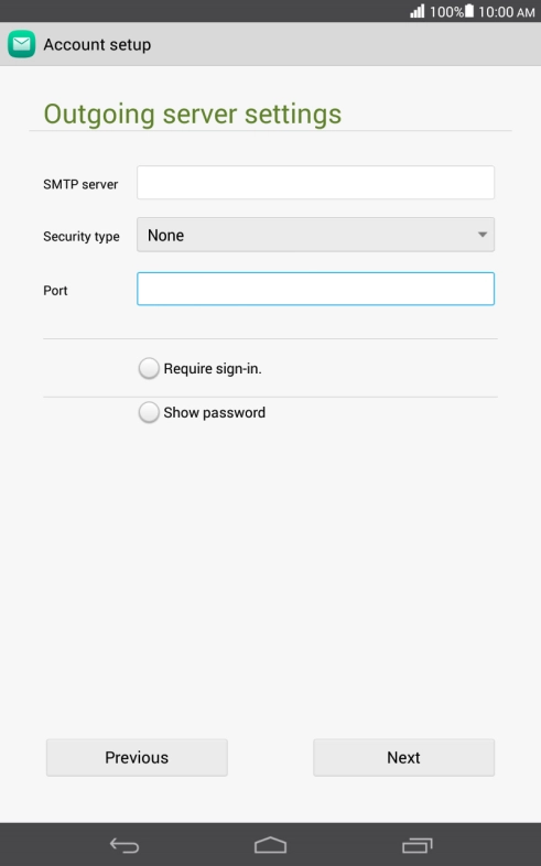 Press Require sign-in. to turn the function on or off. Please note that if you're using Vodafone's outgoing server, turn off SMTP authentication and leave the username and password fields empty.