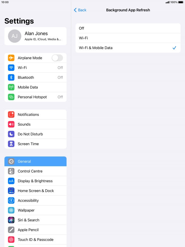 To turn off background refresh of apps, press Off.