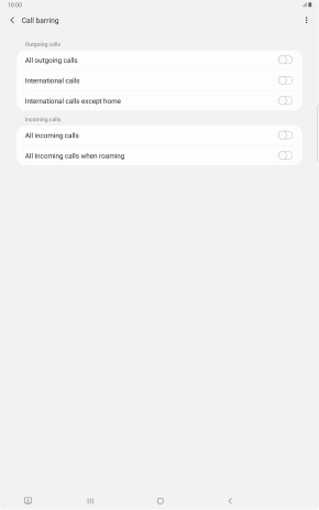 Press the indicator next to the required barring type to turn the function on or off.