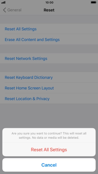 Press Reset All Settings. Wait a moment while the factory default settings are restored. Follow the instructions on the screen to set up your phone and prepare it for use.
