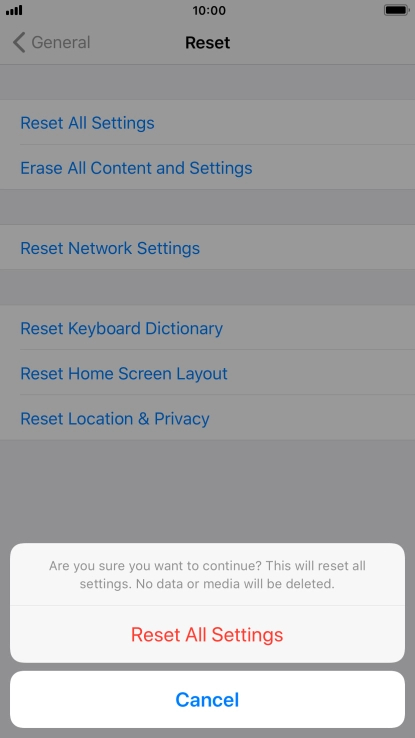 Press Reset All Settings. Wait a moment while the factory default settings are restored. Follow the instructions on the screen to set up your phone and prepare it for use.
