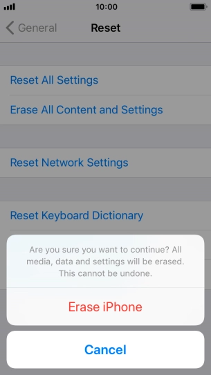 Press Erase iPhone. Wait a moment while the factory default settings are restored. Follow the instructions on the screen to set up your phone and prepare it for use.