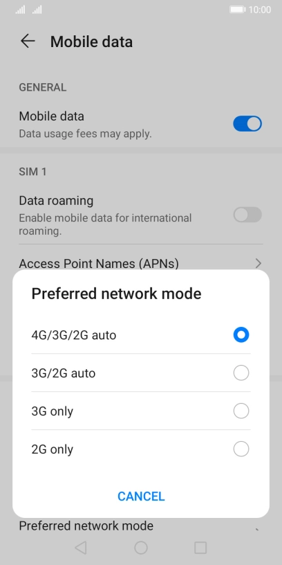 Press the required network mode.
