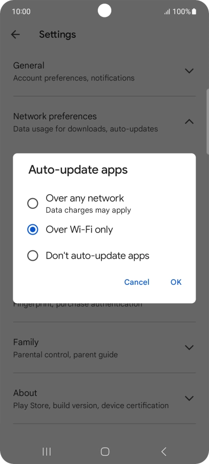 To turn on automatic update of apps using mobile network, press Over any network.