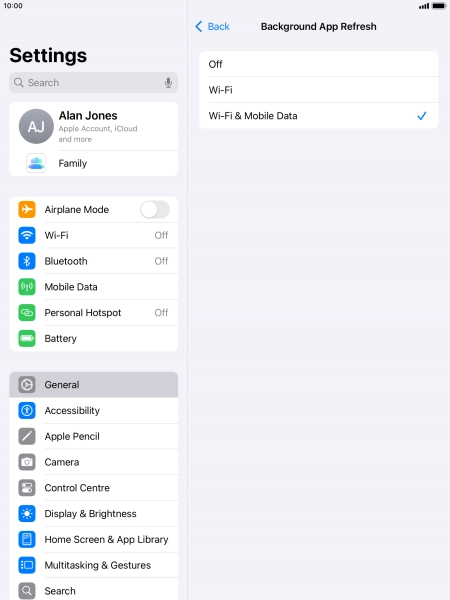 To turn off background refresh of apps, press Off.