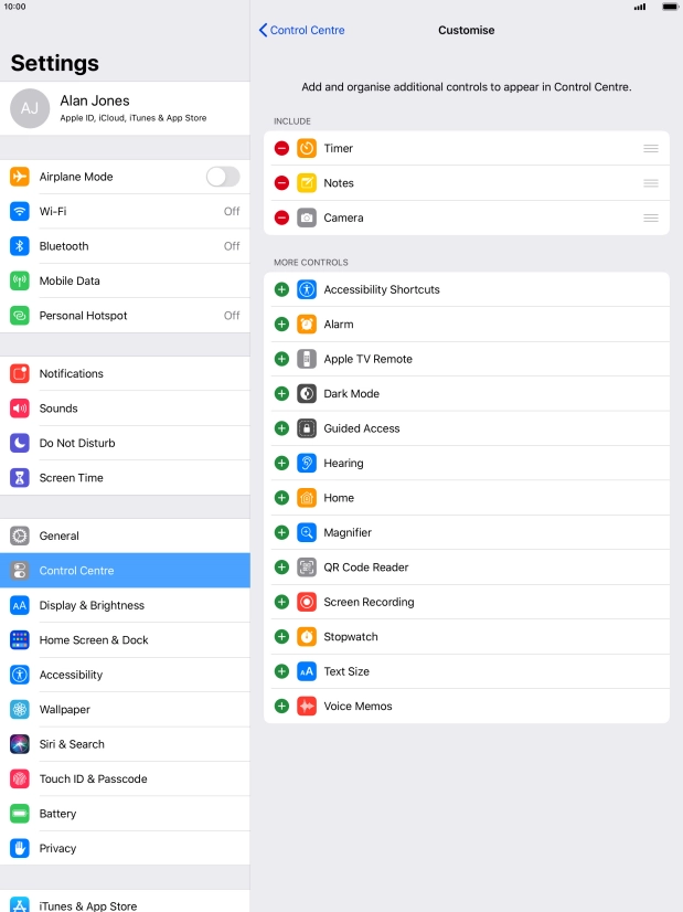 Press the delete icon next to the required function to remove it from Control Centre.