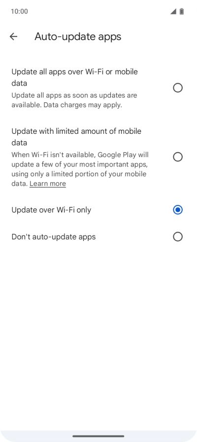 To turn on automatic update of apps using mobile network, press Update all apps over Wi-Fi or mobile data. To turn on automatic update of apps using mobile network, press Update all apps over Wi-Fi or mobile data.