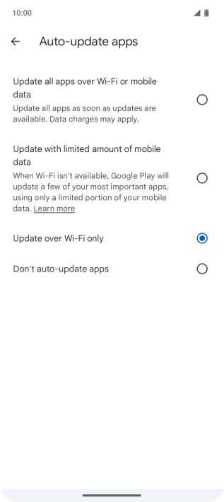 To turn on automatic update of apps using mobile network, press Update all apps over Wi-Fi or mobile data. To turn on automatic update of apps using mobile network, press Update all apps over Wi-Fi or mobile data.