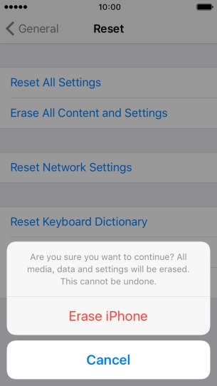Press Erase iPhone. Wait a moment while the factory default settings are restored. 
Follow the instructions on the screen to set up your phone and prepare it for use.
