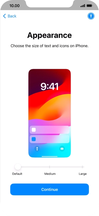 Select the required text and icon size on your phone and press Continue.