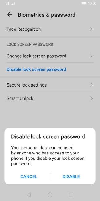 Key in the additional phone lock code you created earlier and press DISABLE.