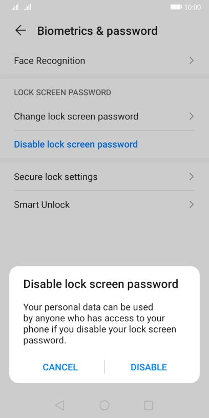 Key in the additional phone lock code you created earlier and press DISABLE.