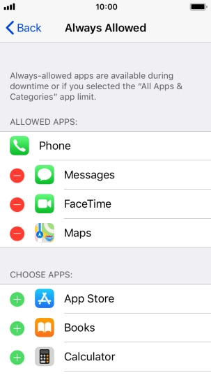 Press the add icon next to the required app to add it to the list of allowed apps during Downtime.