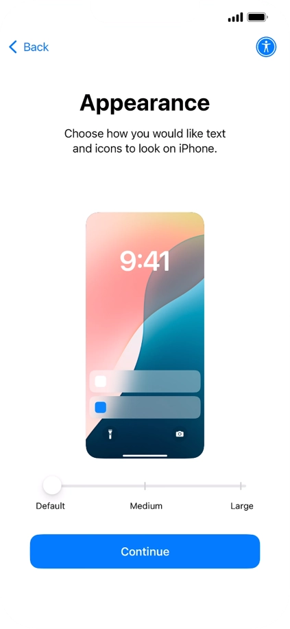 Select the required text and icon size on your phone and press Continue.