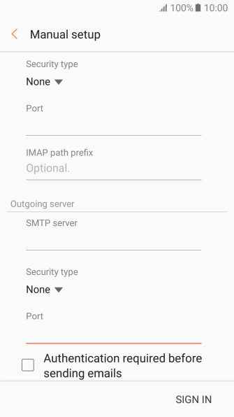 Press Authentication required before sending emails to turn the function on or off. Please note that if you're using Vodafone's outgoing server, turn off SMTP authentication and leave the username and password fields empty.