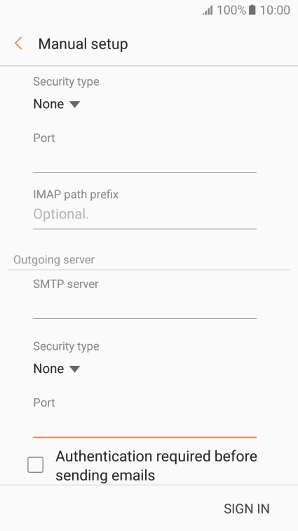 Press Authentication required before sending emails to turn the function on or off. Please note that if you're using Vodafone's outgoing server, turn off SMTP authentication and leave the username and password fields empty.