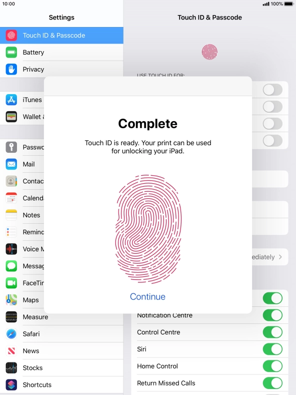 Press Continue. If you haven't previously selected a lock code, key in a code of your own choice twice.