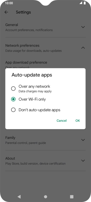 To turn on automatic update of apps using mobile network, press Over any network.