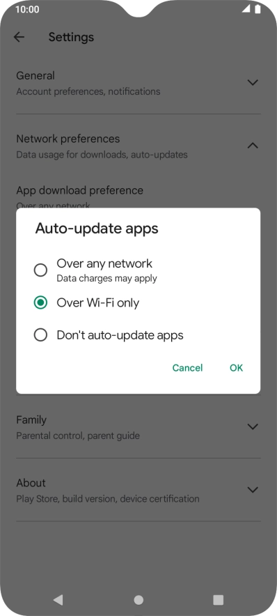 To turn on automatic update of apps using mobile network, press Over any network.