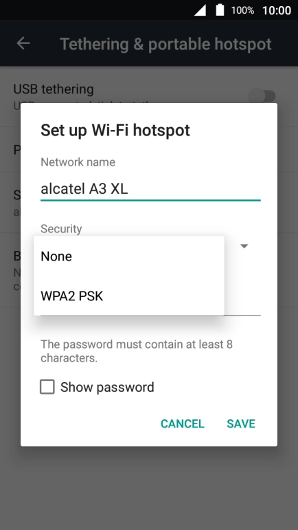Press WPA2 PSK to password protect your Wi-Fi hotspot.