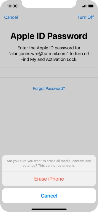 Key in the password for your Apple ID and press Erase iPhone. Wait a moment while the factory default settings are restored. Follow the instructions on the screen to set up your phone and prepare it for use.