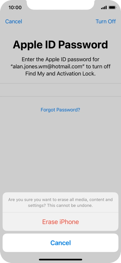 Key in the password for your Apple ID and press Erase iPhone. Wait a moment while the factory default settings are restored. Follow the instructions on the screen to set up your phone and prepare it for use.