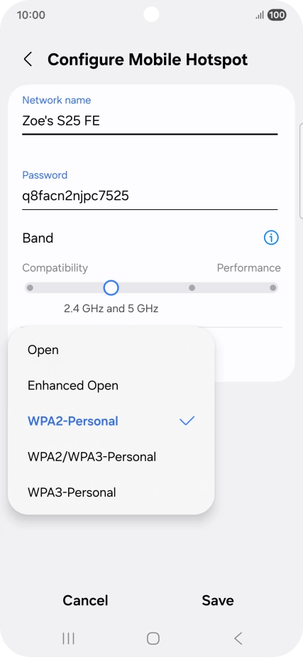 Press WPA3-Personal to password protect your Wi-Fi hotspot.