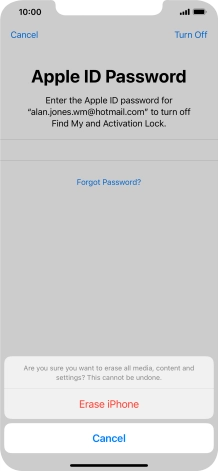 Key in the password for your Apple ID and press Erase iPhone. Wait a moment while the factory default settings are restored. Follow the instructions on the screen to set up your phone and prepare it for use.