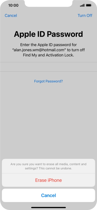 Key in the password for your Apple ID and press Erase iPhone. Wait a moment while the factory default settings are restored. Follow the instructions on the screen to set up your phone and prepare it for use.
