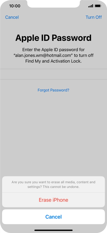 Key in the password for your Apple ID and press Erase iPhone. Wait a moment while the factory default settings are restored. Follow the instructions on the screen to set up your phone and prepare it for use.