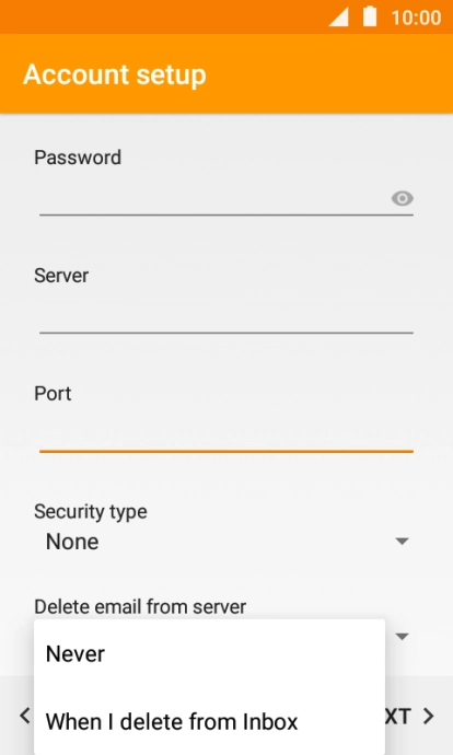 Press Never to keep email messages on the server when you delete them on your phone.