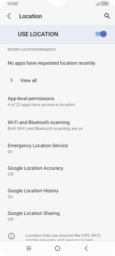 Press Google Location Accuracy. Press Google Location Accuracy.