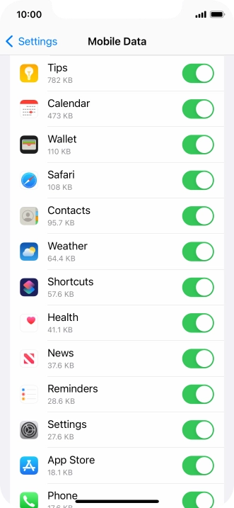 The data usage for each application is displayed below the name of the application.