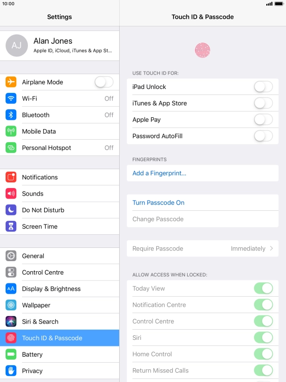 Press Turn Passcode On and key in a lock code of your own choice twice.