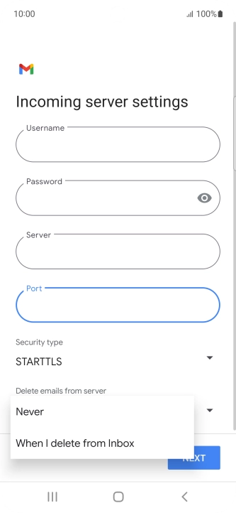 Press Never to keep email messages on the server when you delete them on your phone.